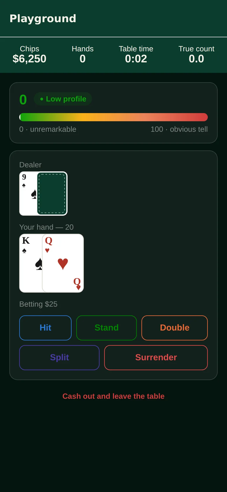 A live table with a true count and a heat meter