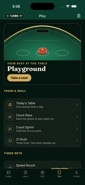 The Upcard app's Play screen — a felt table and named practice games like Today's Table and Count Race